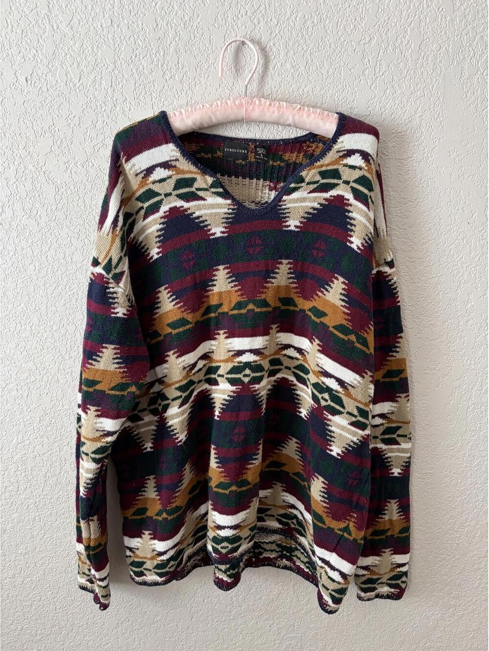 VTG 90s Structure Aztec Geometric Knit Cotton Blend Sweater Size Large Oversized